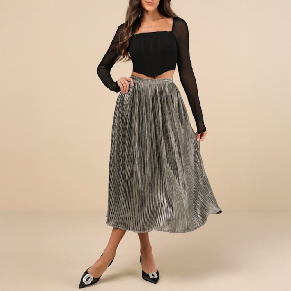 Lulus Bold Entrance Pleated Midi Skirt Black and Gold Size M